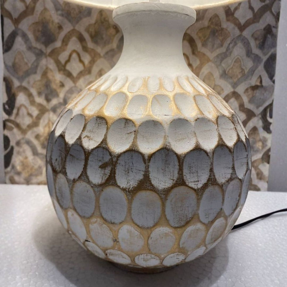 Thumbnail: Pebbles Hand Carved Mango Wood Table  Lamp with Linen Shade 10" White Gold