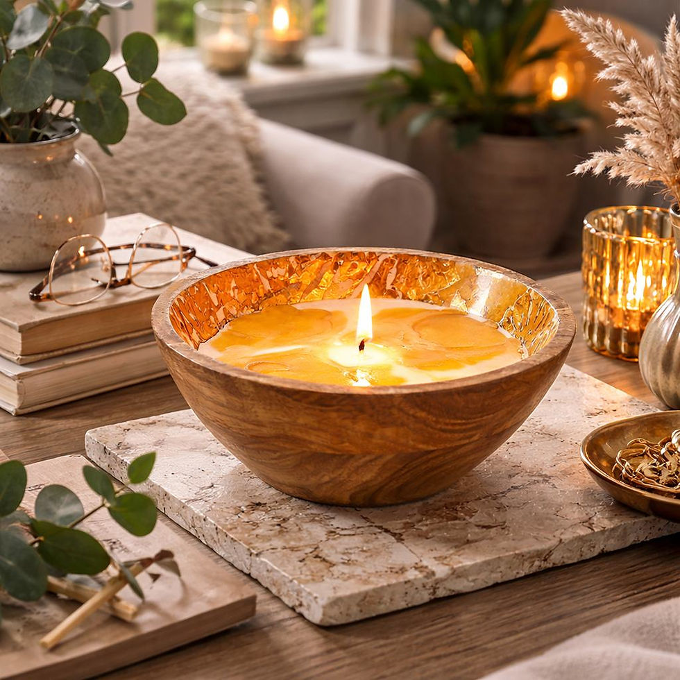 Thumbnail: Hartsmede Aurelia Handcrafted Wooden Bowl Candle – White & Cracked Gold Finish