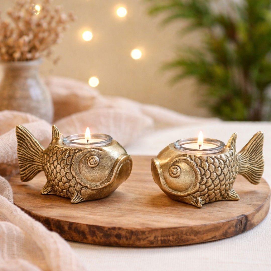 Hand Carved Gold Fish Candle Holders Set of 2 with Rose Scented Glass Votives
