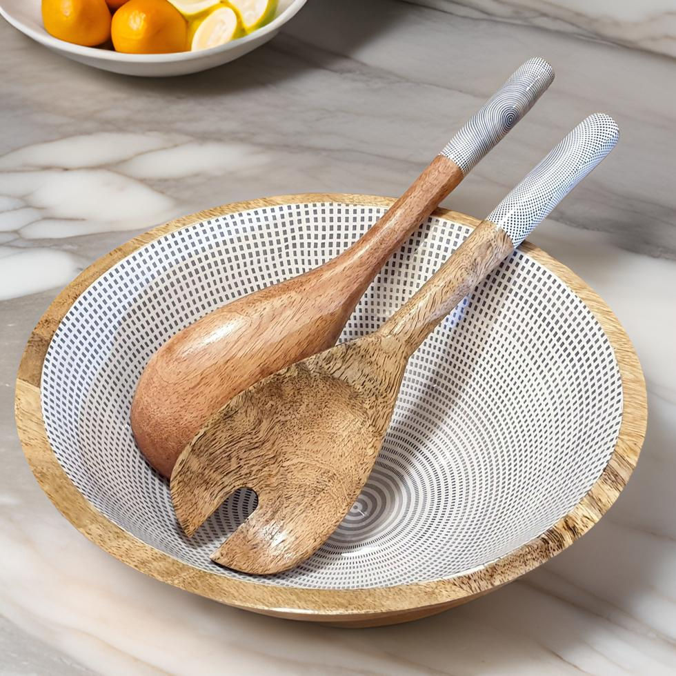 Geometry Serving Bowl with Spoons Handmade in Mango Wood Ideal Gift Set