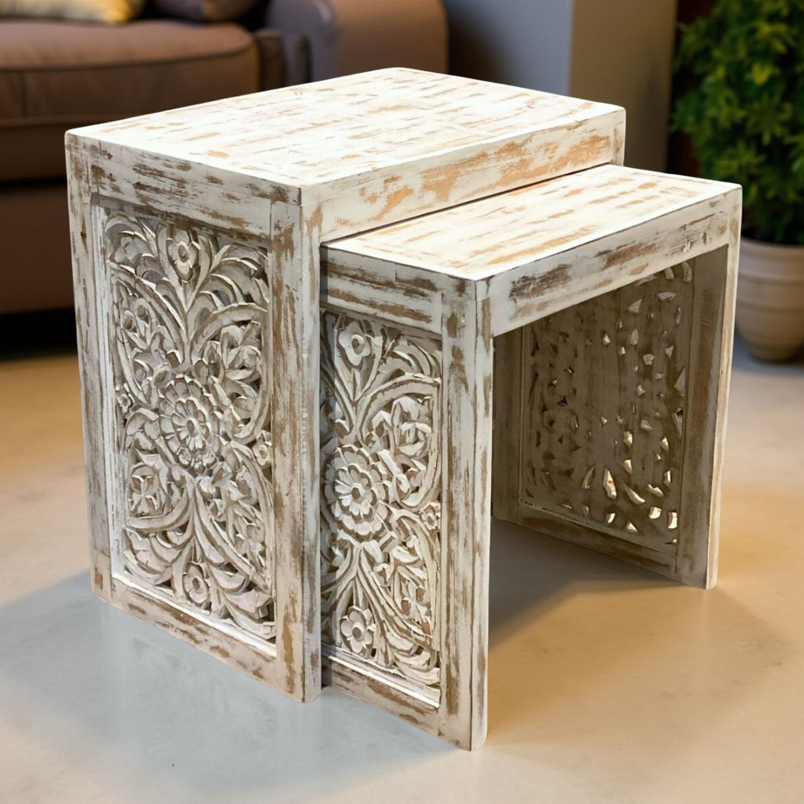 Set of 2 Hand Carved Nested End Tables Sideboards in White Shabby Chic