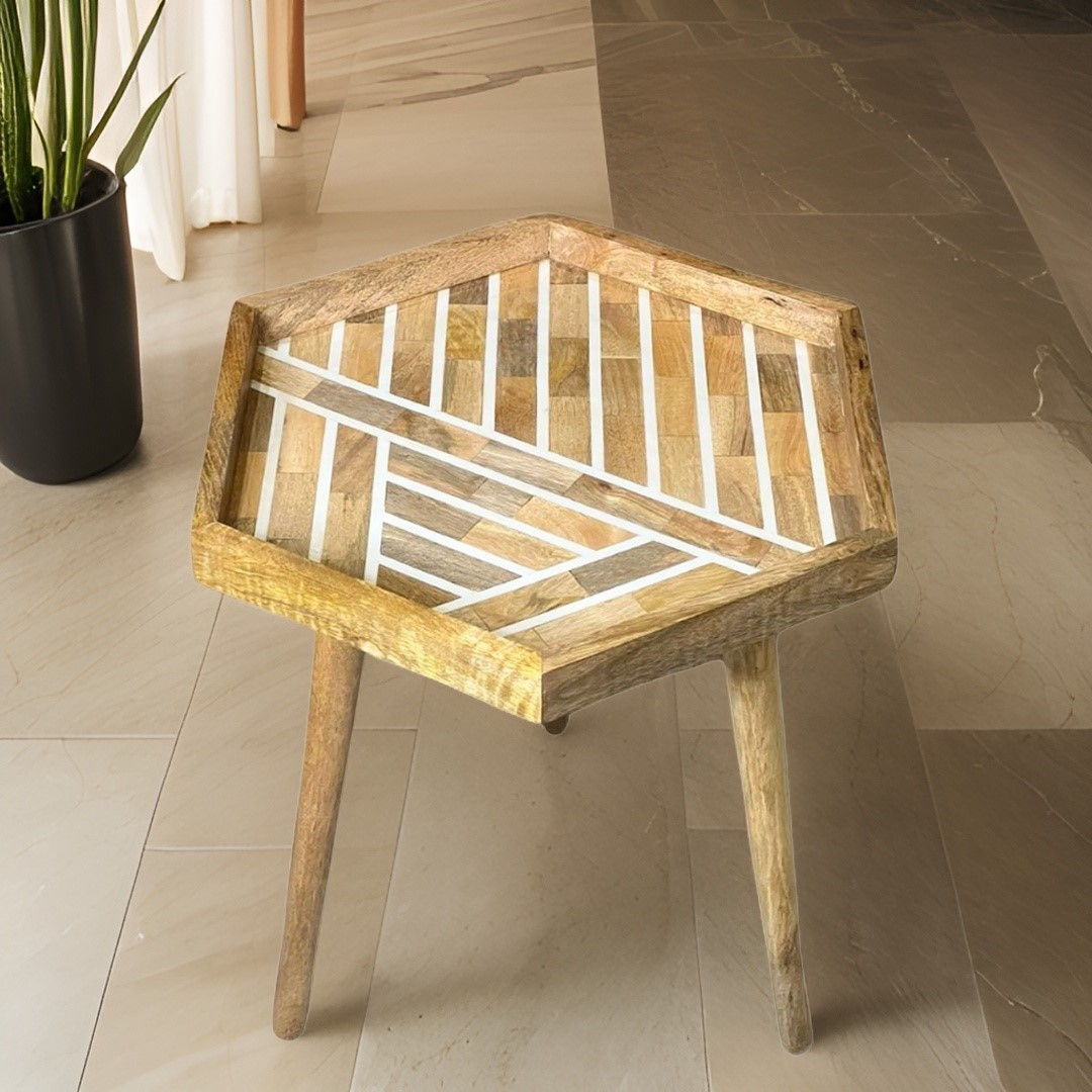 Handmade Side Table Large 18" Mango Wood Top Detachable Legs Stripe Inlay