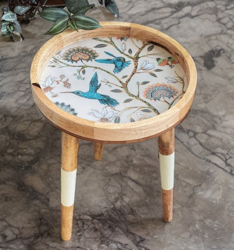 Handmade Side Table Mango Wood Detachable Legs Hummingbird