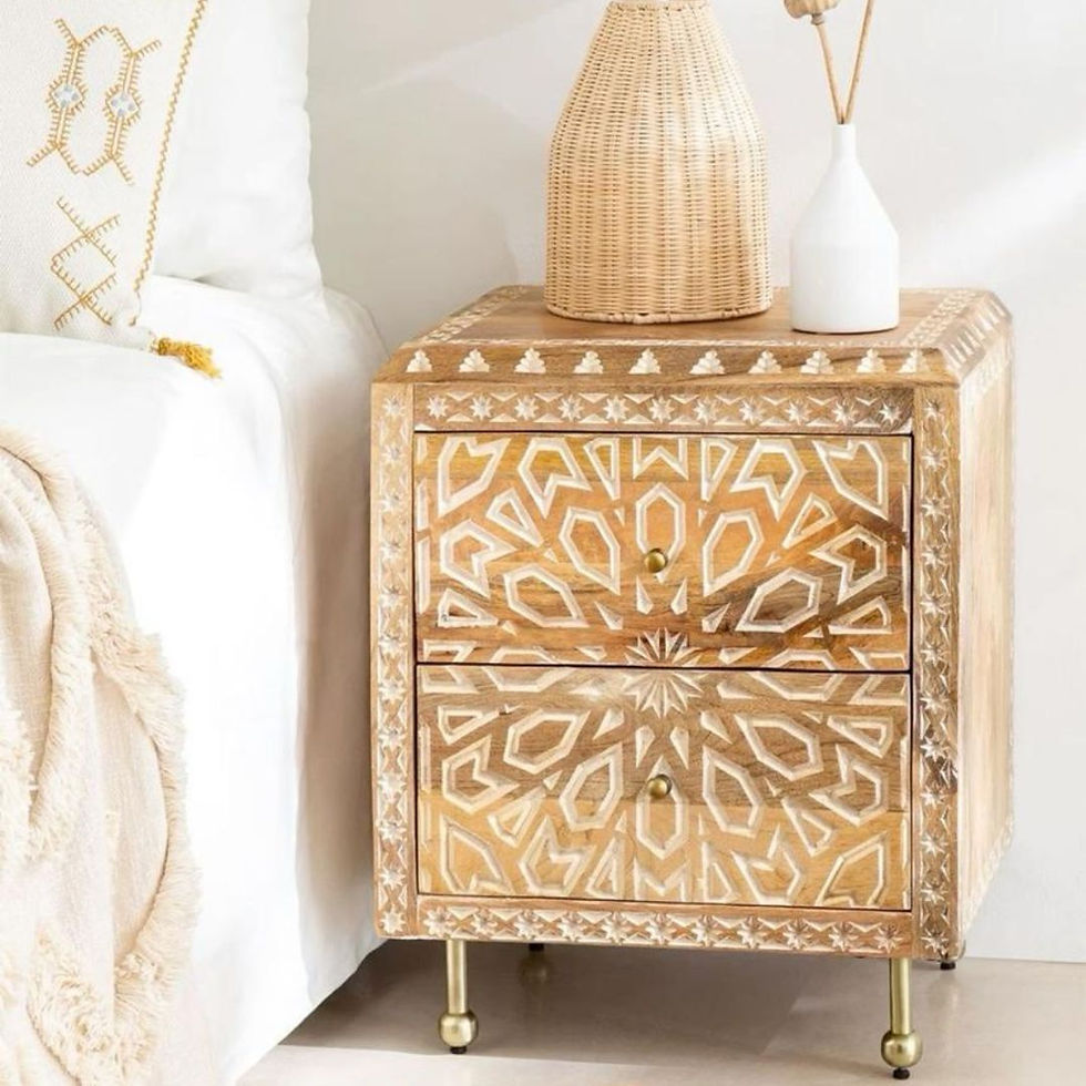 Thumbnail: Agra Hand Carved Bedside Table In Solid Mango Wood With Two Drawers