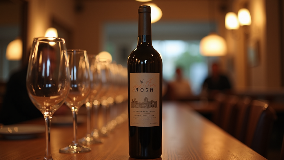 Eye-level view of a wine bottle displayed at a private tasting event