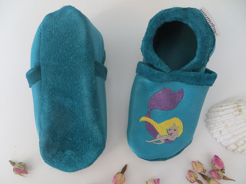 Thumbnail: Leather slippers made of organic leather turquoise "Mermaid", with name on request, from size 23