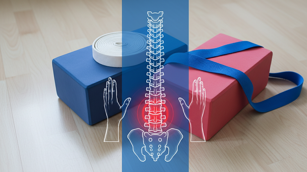 Close-up view of yoga props including blocks and straps on a wooden floor
