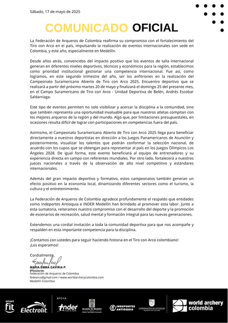 COMUNICADO OFICIAL CAMPEONATO SURAMERICANO TIRO cON ARCO 2025