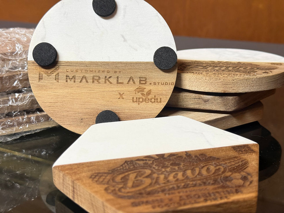 Thumbnail: Custom Engraved Marble & Wood Hexagon Coaster