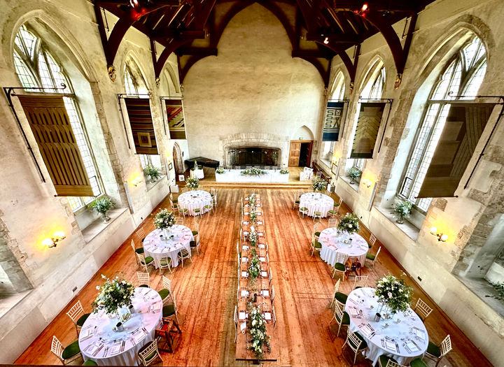 medieval hall decorated with flowers for a wedding