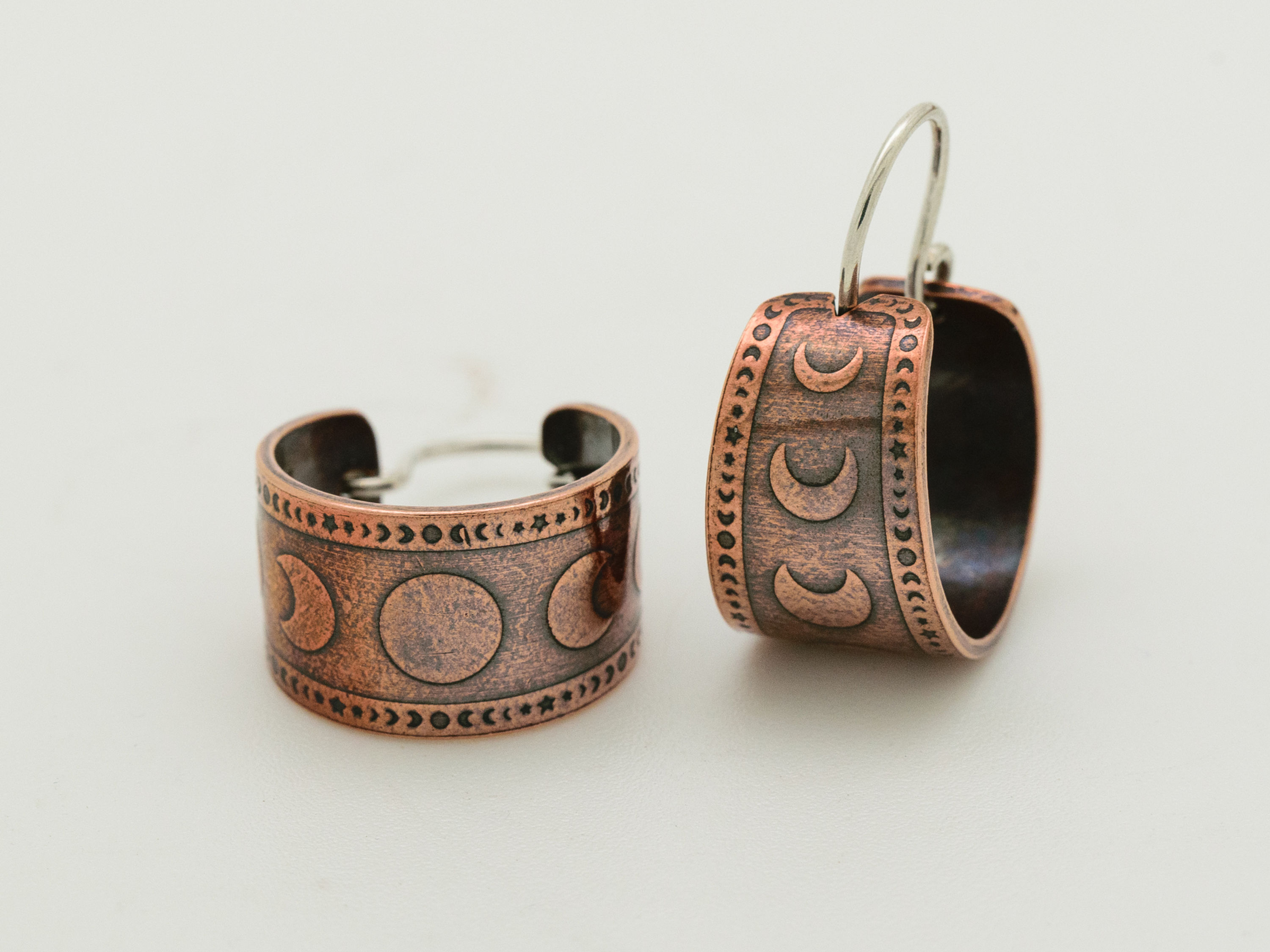 Dainty Moon Phases Hoop Earrings in Copper | Unisex Copper Hoop Earring