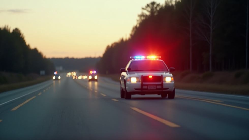 Eye-level view of a police car with flashing lights on a North Carolina highway