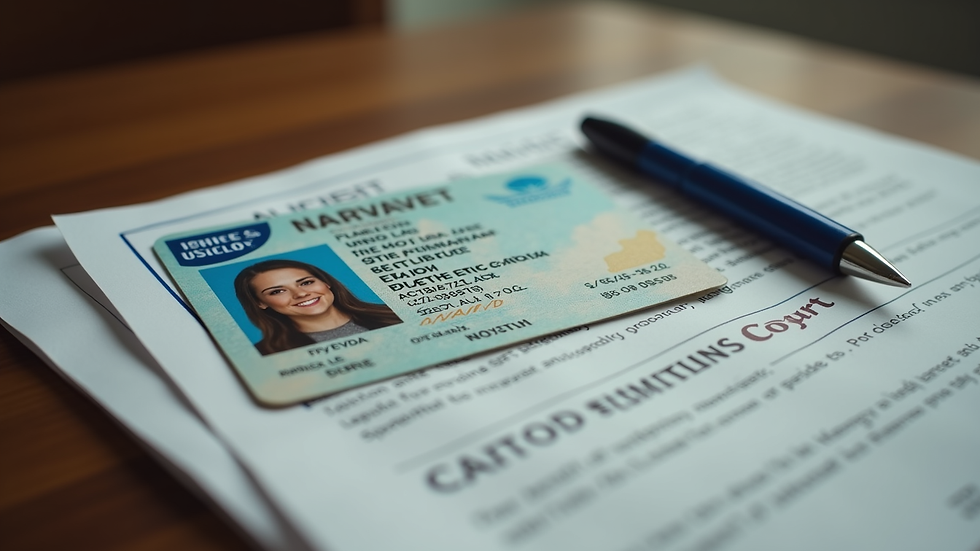 Close-up view of a North Carolina driver's license and court summons on a table