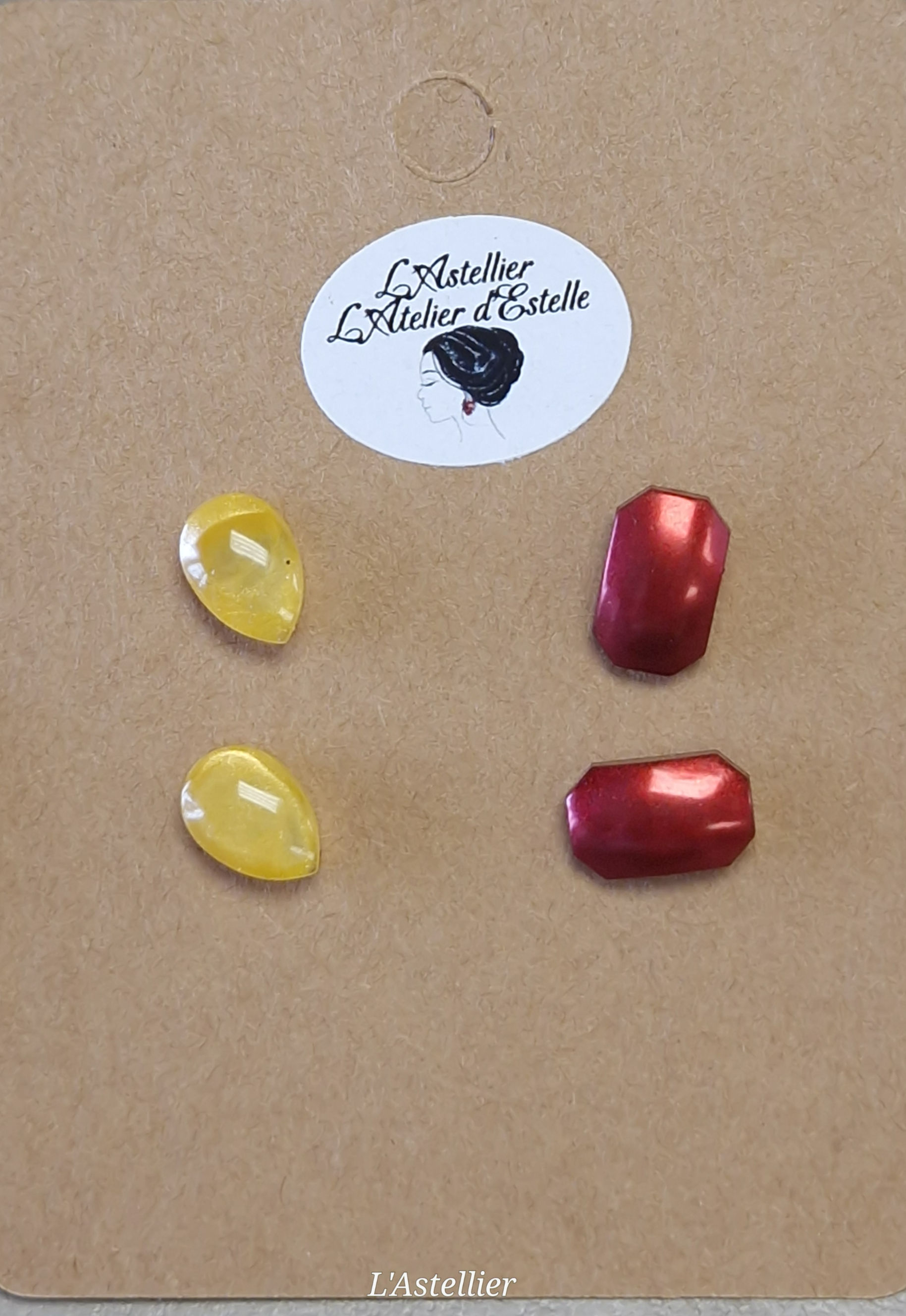Clous d'oreilles Goutte Jaune et Octogone Rouge