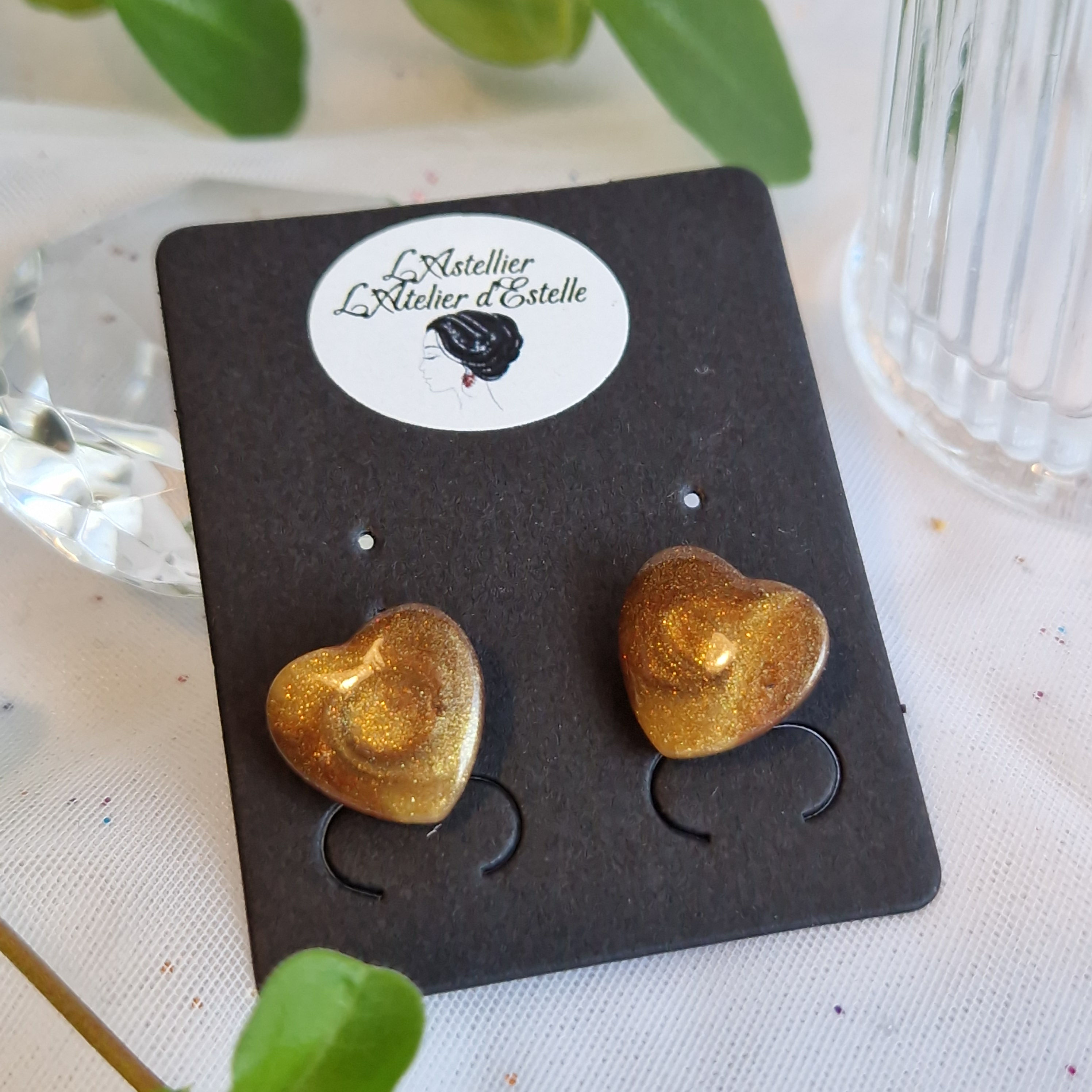 Puces en forme de coeur - Fait main, pièce unique - Doré, marron