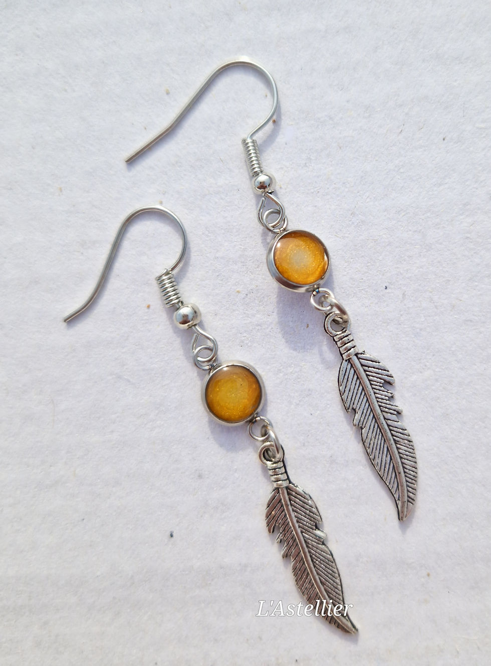 Miniature : Boucles d'oreilles acier inox, plume et cabochon