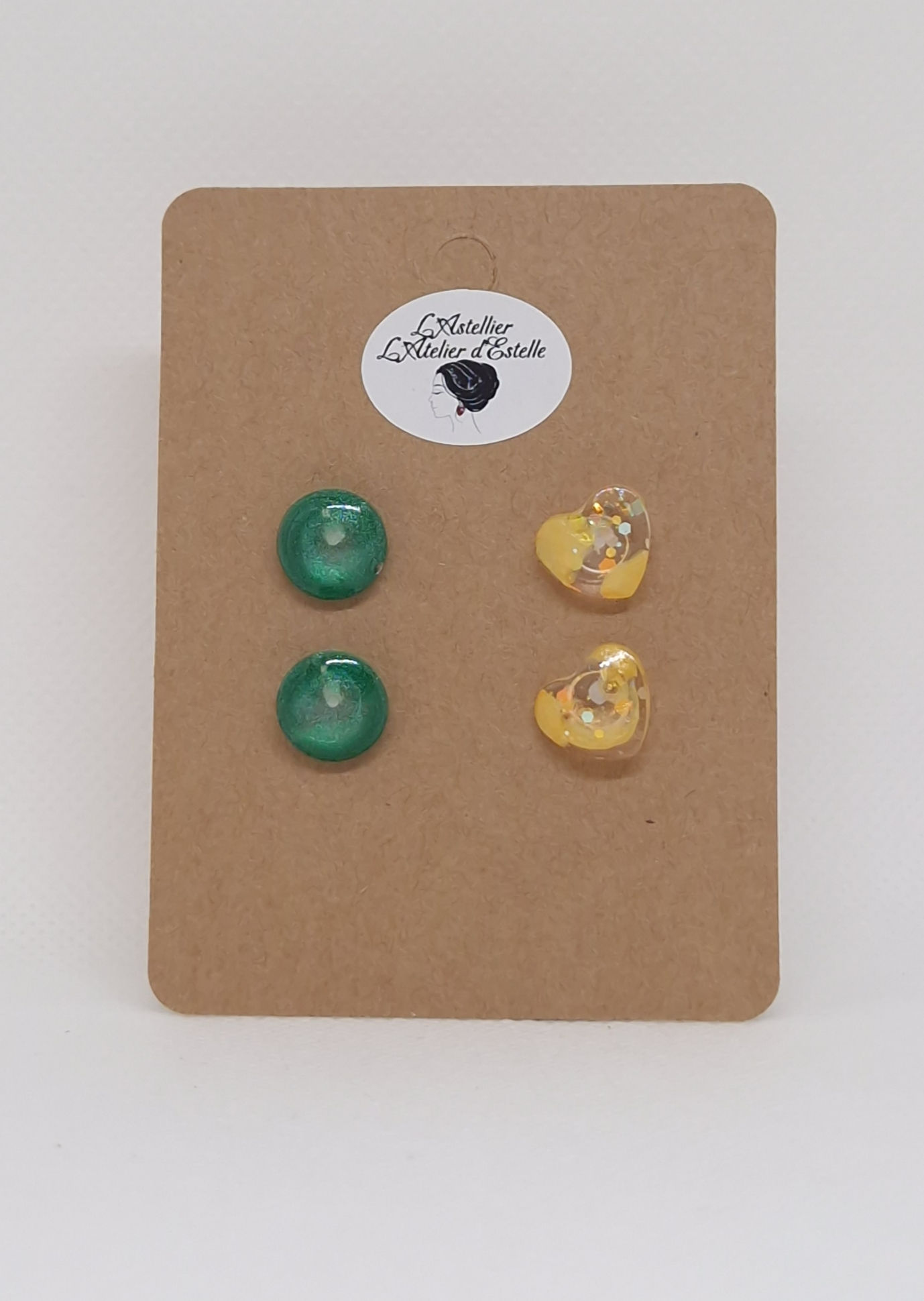 Clous d'oreilles Rond Vert et Coeur Jaune