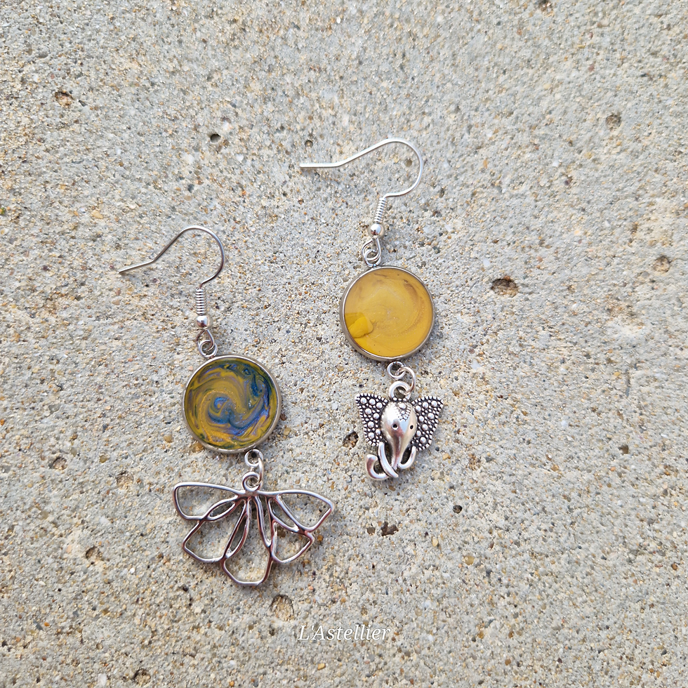Miniature : Boucles d'oreilles en acier inox asymétriques et cabochons jaunes et pendentifs