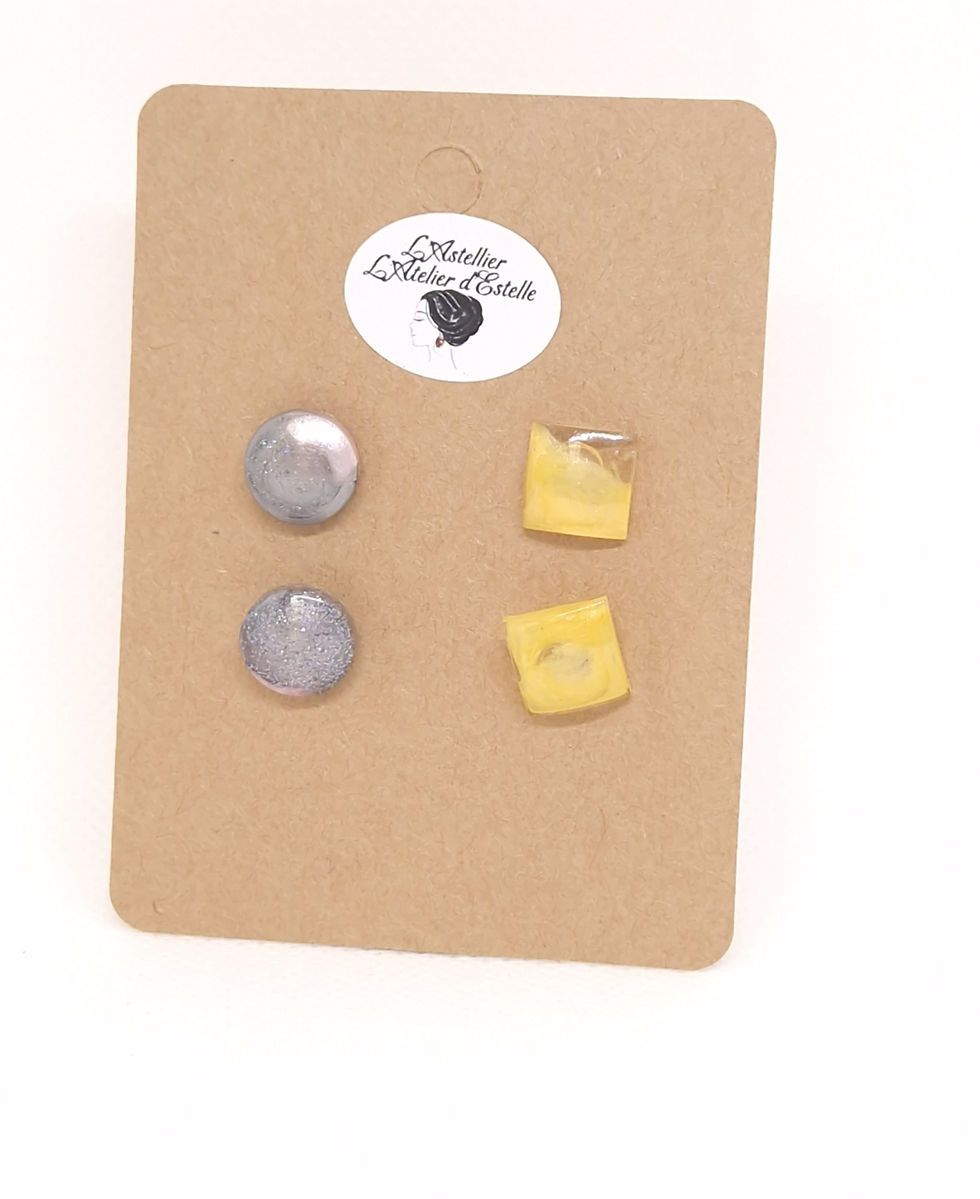 Miniature : Clous d'oreilles Rond Argenté et Carré Jaune