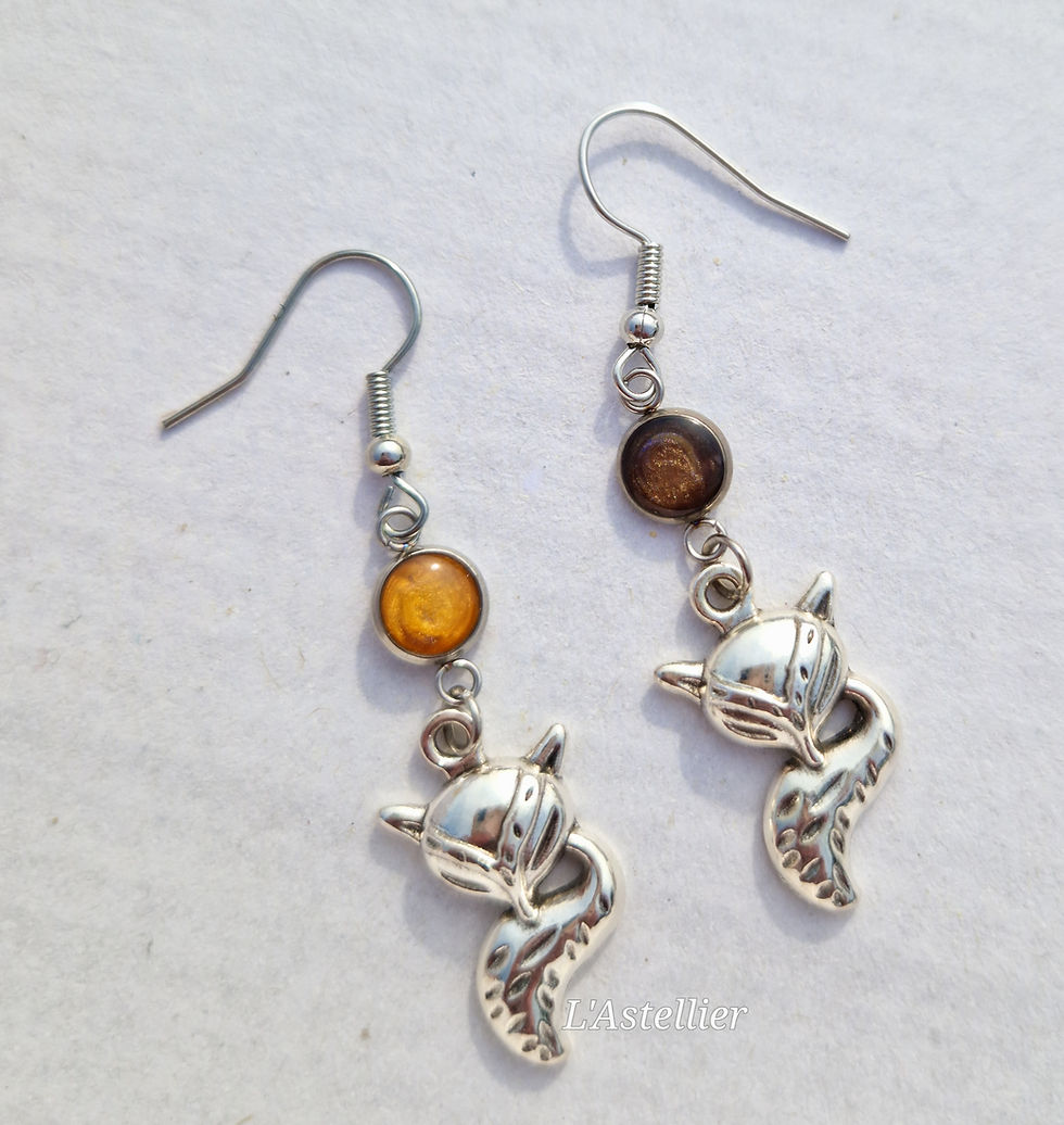 Miniature : Boucles d'oreilles acier inox, Renard et cabochon