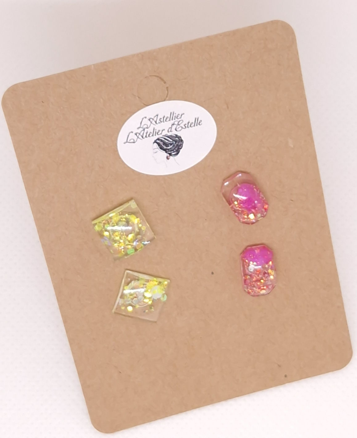 Clous d'oreilles Carré jaune et Octogone Rose