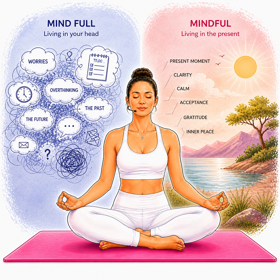 A woman in a seated meditation pose, with her eyes closed and soft gaze with her hands resting on her knees is chin mudra. She is wearing a light pink sports top and light pink yoga leggings. The background is abstract with mindfulness terms showing the difference between being mind full and mindful.