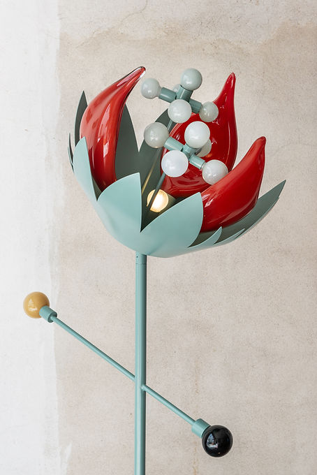 Flower lamp in metal and mouth-blown glass