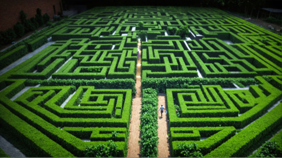 A lone figure stands at the entrance of a vast, dimly lit concrete maze, symbolizing the confusion and emotional complexity of repeating past relationship patterns.