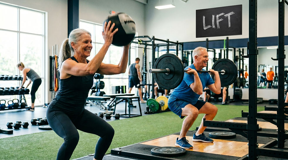 Older woman lifting medicine ball and man squatting