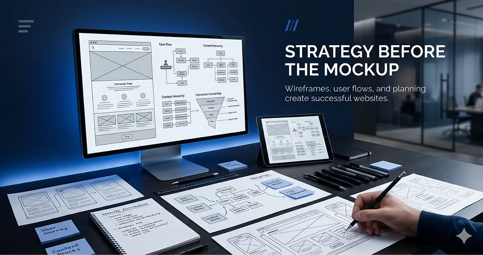 Conversion-focused web design planning workspace featuring website wireframes, user flow diagrams, content hierarchy maps, and UX strategy documents displayed on a monitor and desk in a modern blue-and-black office environment.