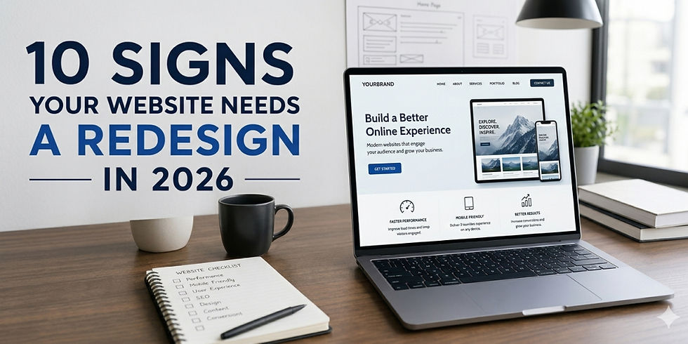 Modern website design workspace highlighting signs your website needs a redesign in 2026 with responsive web layouts and improved website performance.