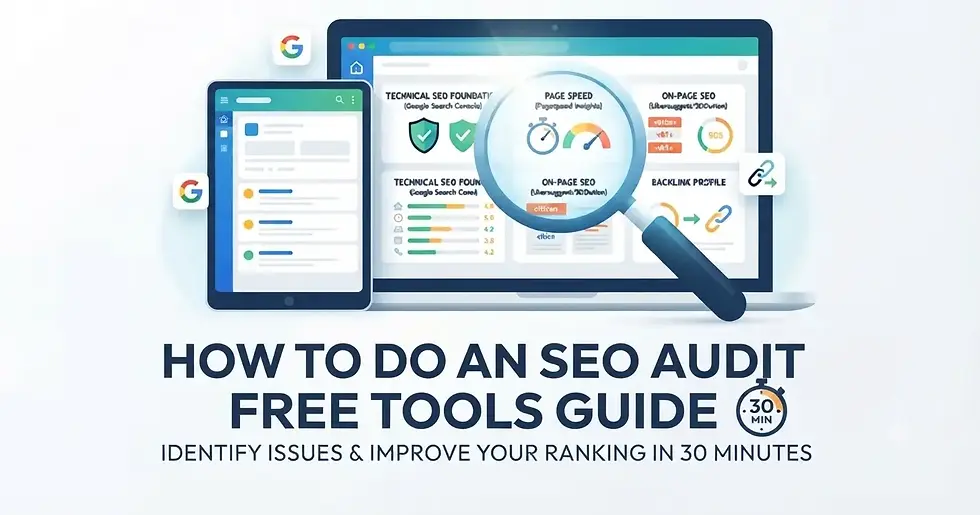 A professional digital marketing graphic featuring a laptop and tablet displaying SEO metrics under a magnifying glass, with the headline "How to do an SEO audit free tools guide" and a "30 minutes" timer icon, set against a clean, minimalist blue and white background.