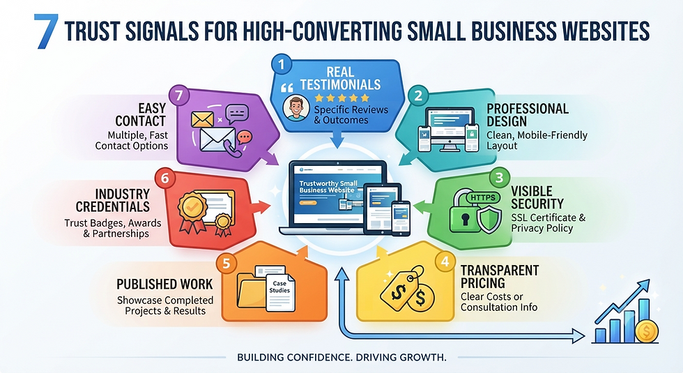 An infographic titled '7 Trust Signals for High-Converting Small Business Websites' showing seven numbered icons arranged around a central laptop icon, representing key elements like customer testimonials, professional design, security, transparent pricing, case studies, industry credentials, and easy contact methods, all leading toward business growth.