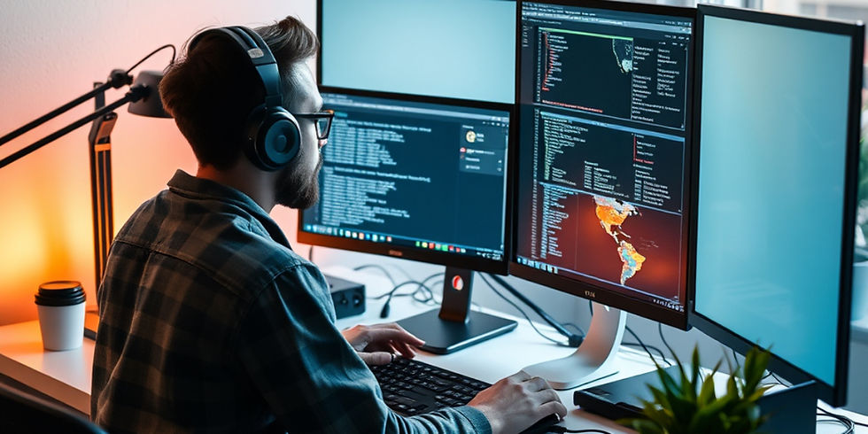 Man coding at a triple-monitor workstation, illustrating an SEO Strategy Framework
for data-driven digital marketing.