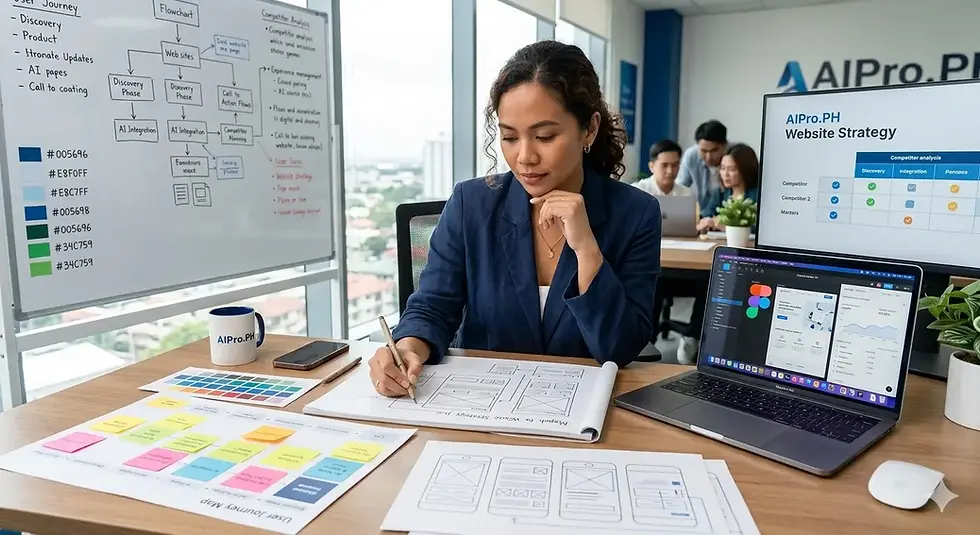 A professional woman is seated at a large desk in a modern office, focused on a web design strategy. She is sketching on a notepad, surrounded by a laptop showing design files, a monitor displaying a 'Website Strategy' table, a large whiteboard with user journey flowcharts, and sticky notes, all branded for AIPro.PH.
