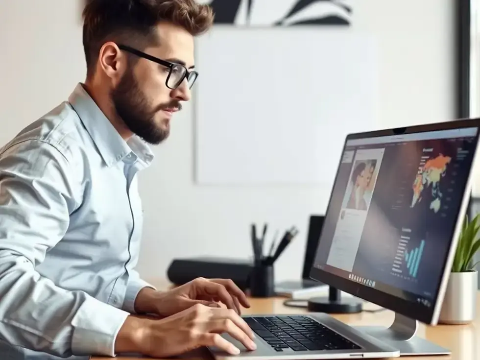 A professional web designer with glasses and a beard focused on a monitor displaying complex data and a world map, illustrating the technical expertise required when a website needs a redesign