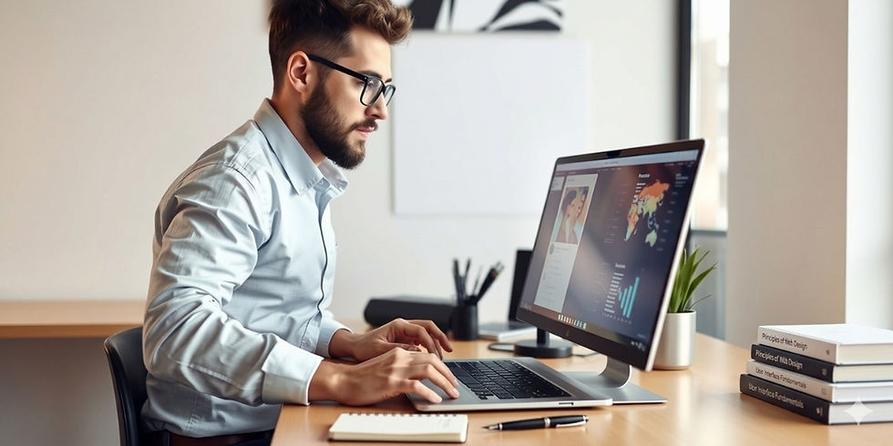 A professional web designer with glasses and a beard focused on a monitor displaying complex data and a world map, illustrating the technical expertise required when a website needs a redesign