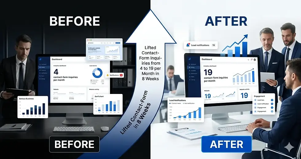 Before-and-after comparison of a conversion-focused web design project showing website analytics increasing from 4 to 19 monthly contact-form inquiries, with business professionals reviewing growth dashboards and performance metrics.