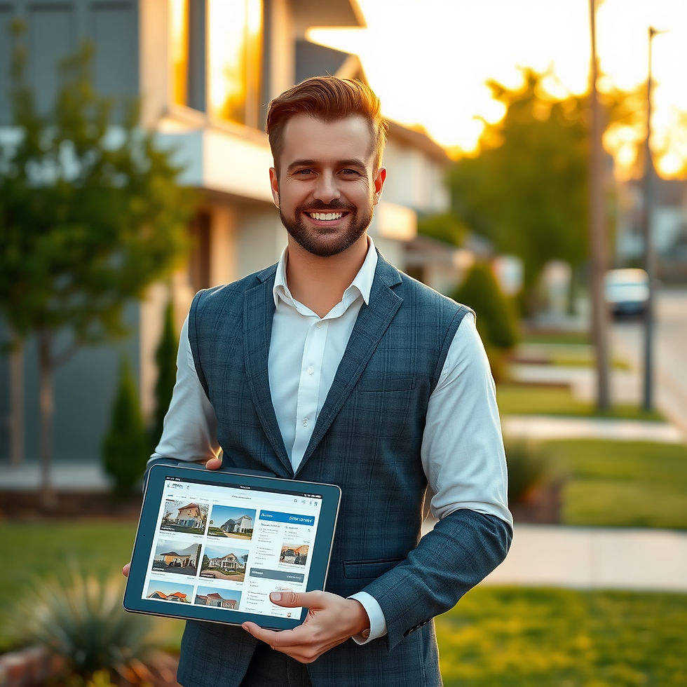 A smiling real estate agent standing outside a modern residential property holding a tablet displaying property listings, representing an active real estate agent Google presence in the local market.