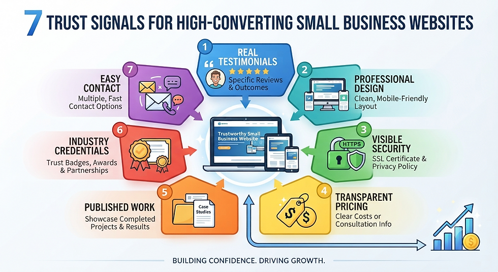 An infographic titled '7 Trust Signals for High-Converting Small Business Websites' showing seven numbered icons arranged around a central laptop icon, representing key elements like customer testimonials, professional design, security, transparent pricing, case studies, industry credentials, and easy contact methods, all leading toward business growth.