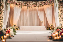 The wedding ceremony was held in a large hall with a stage and a large floral arch. Venue was comfor