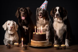 birthday celebration with four happy-dogs wearing colorful