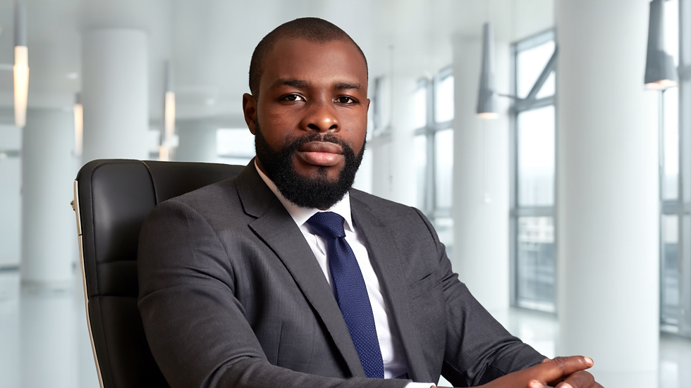 A landscape corporate image of subject_1 sitting in an office wearing a suit, with the cam