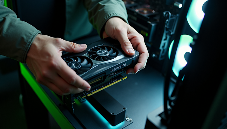 High angle view of a technician installing NVIDIA GeForce RTX 5080 into a desktop PC