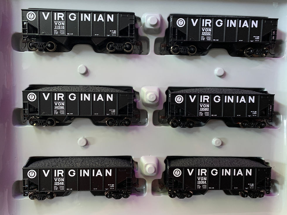 6 x Virginian 34'  2 Bay Hopper Cars with coal loads -  Athearn 70817