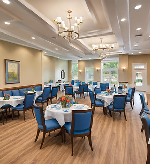 the cloister, senior living activity room, elegant healthcare dining, colorful blue and w