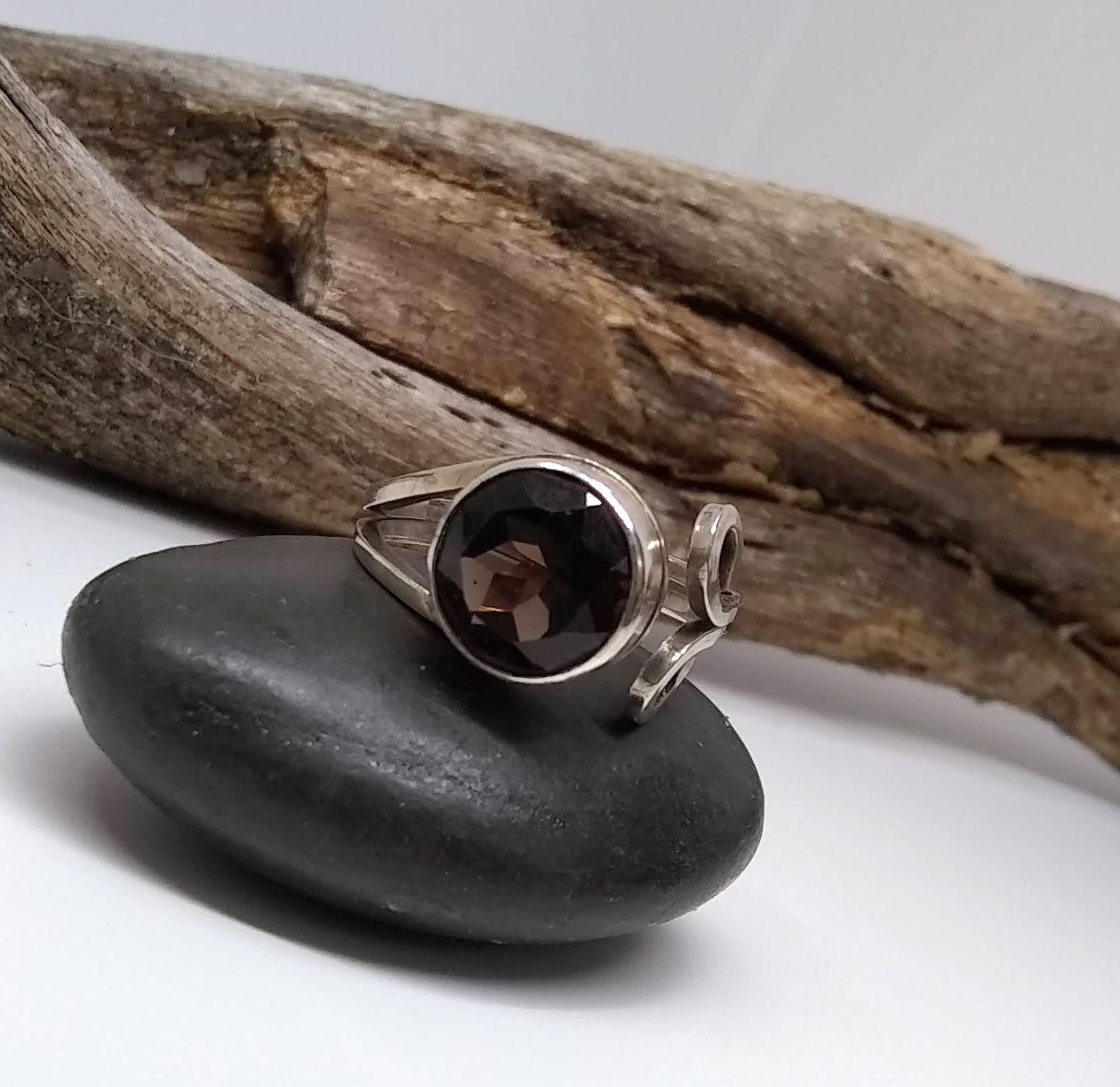Smoky Quartz & Sterling Scroll Ring