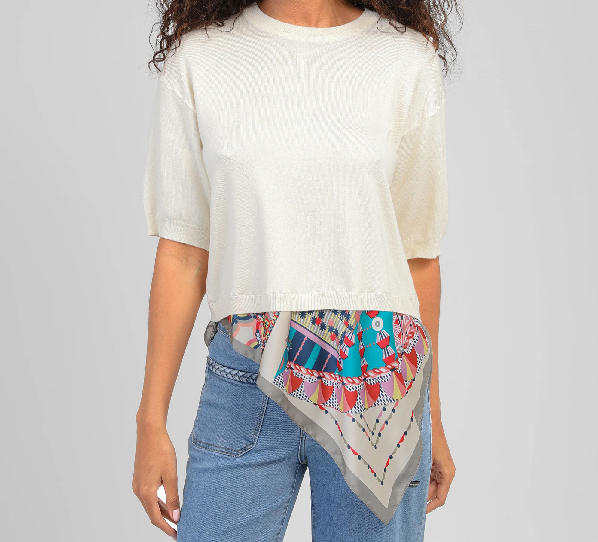 Pull Manches Courtes Ecru Déco Foulard