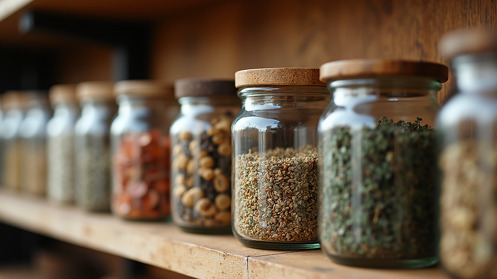 Eye-level view of dried herbs and flowers in glass jars on a wooden shelf