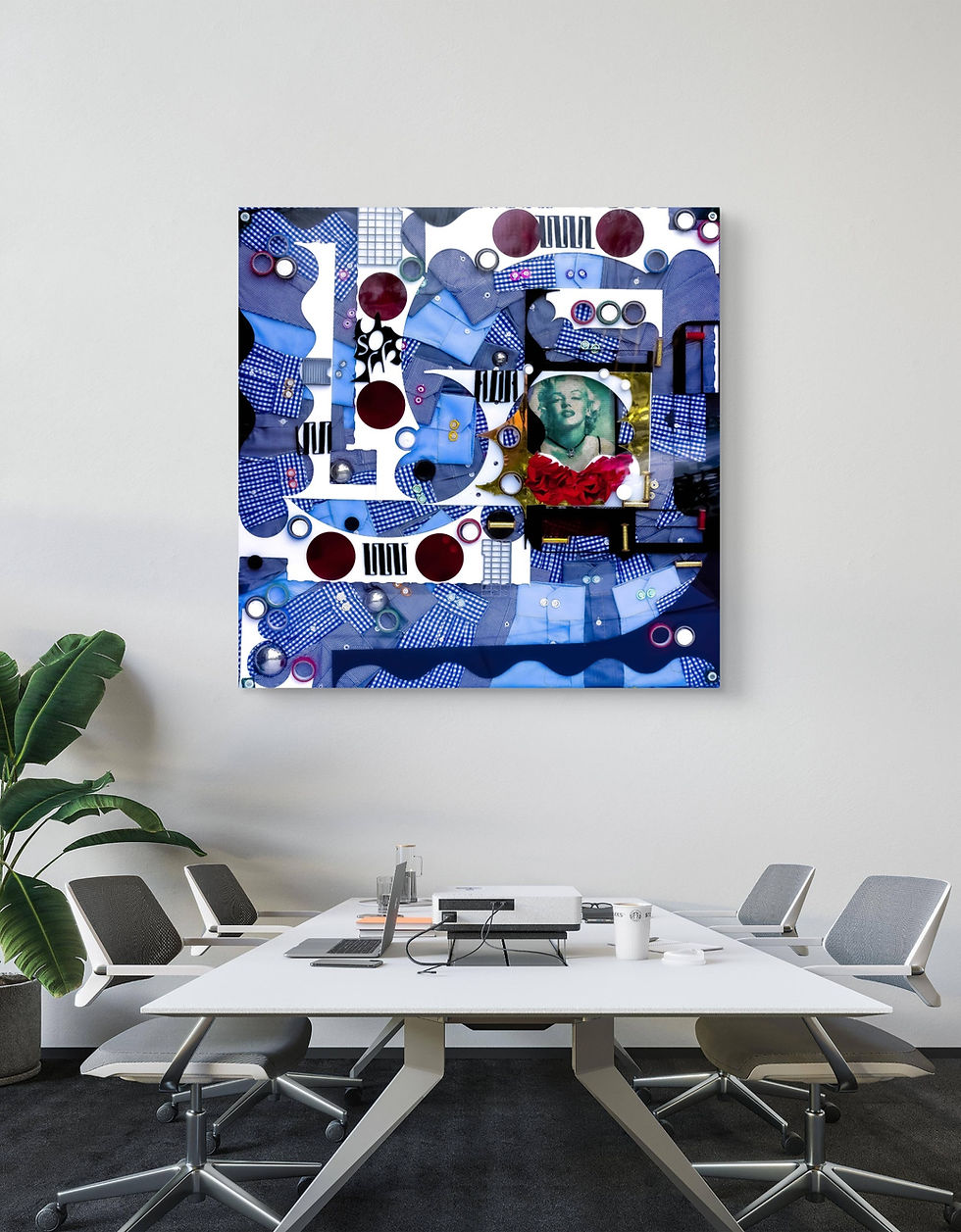 Eyes on Me upcycled mixed media artwork by Lisa Watkins in a modern office setting, bringing feminist narrative and sustainab